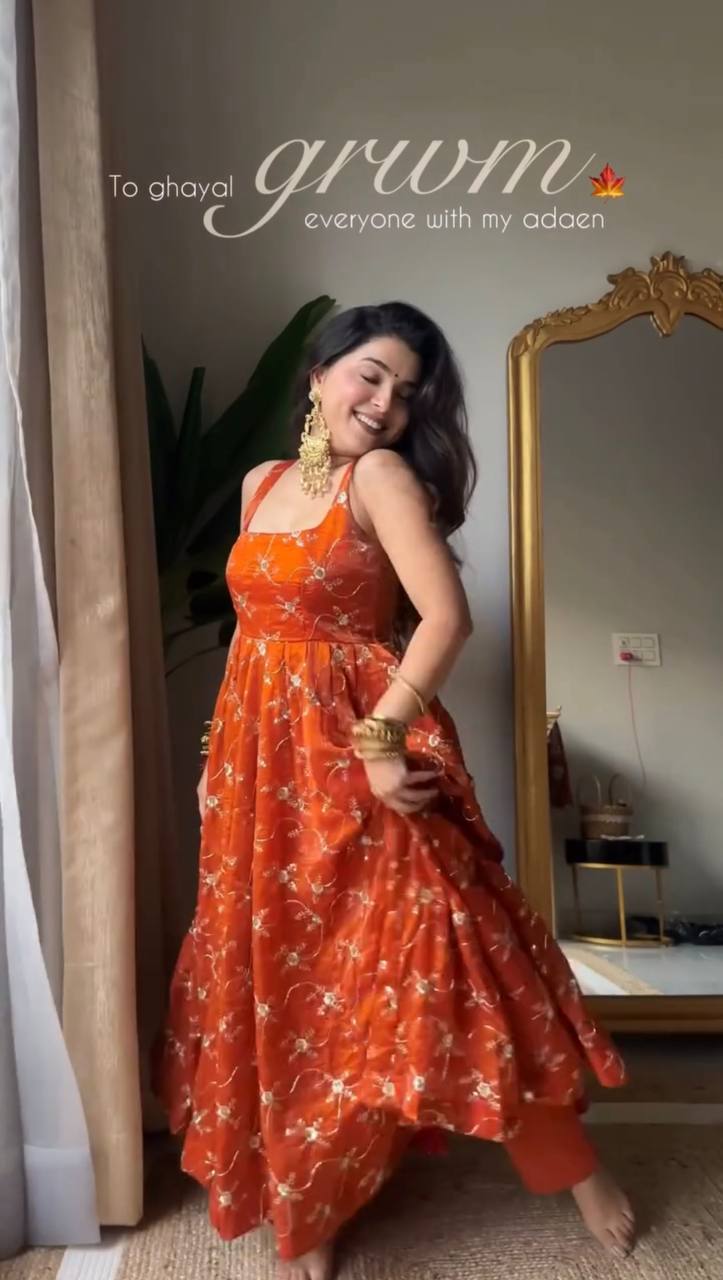 Radiant Elegance Orange Embroidered Anarkali Suit Set