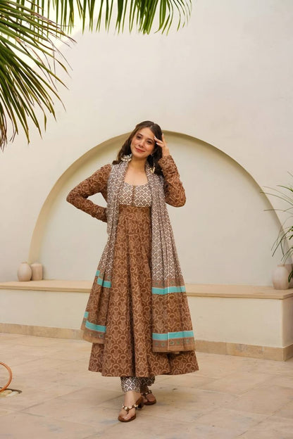 Premium Light Brown Designer Maslin Digital Print Anarkali Suit