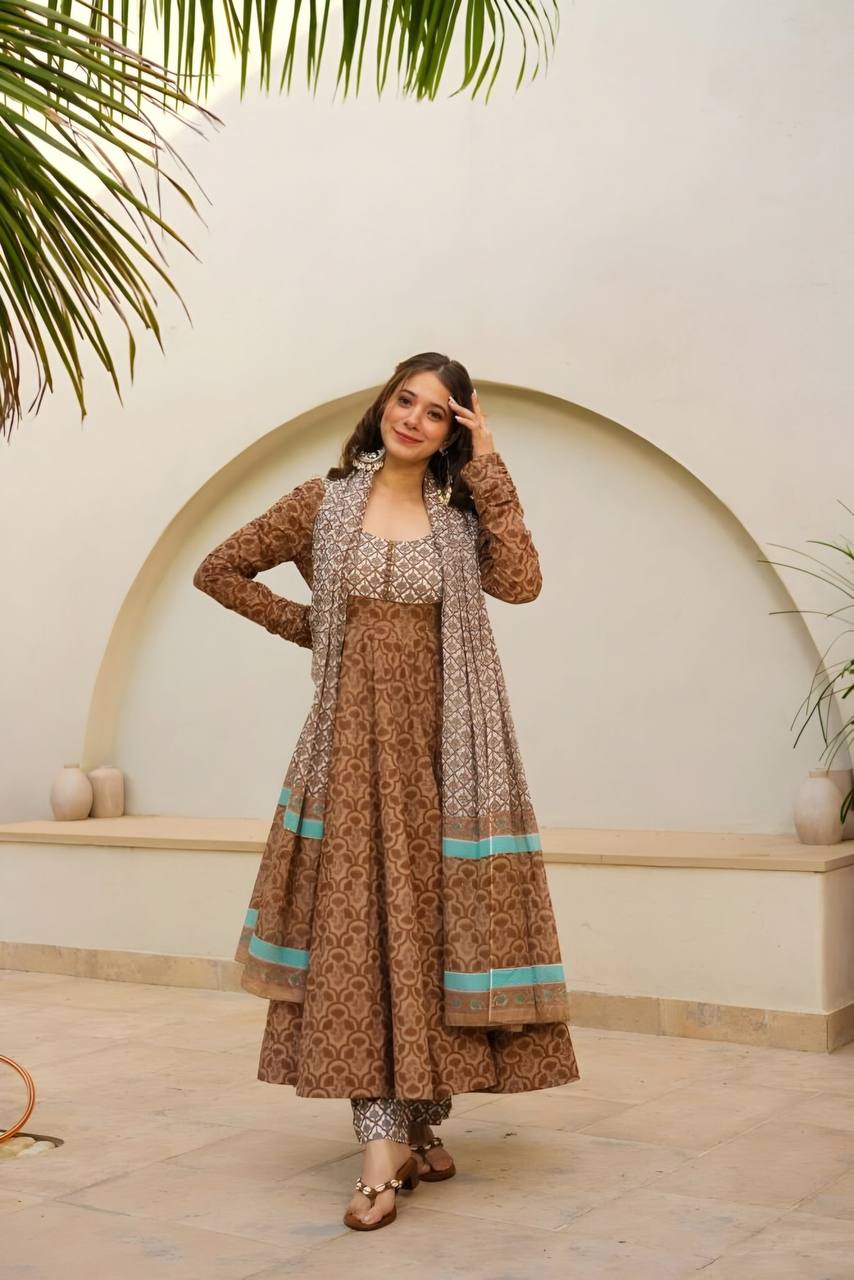 Premium Light Brown Designer Maslin Digital Print Anarkali Suit