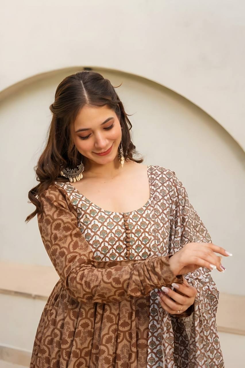 Premium Light Brown Designer Maslin Digital Print Anarkali Suit