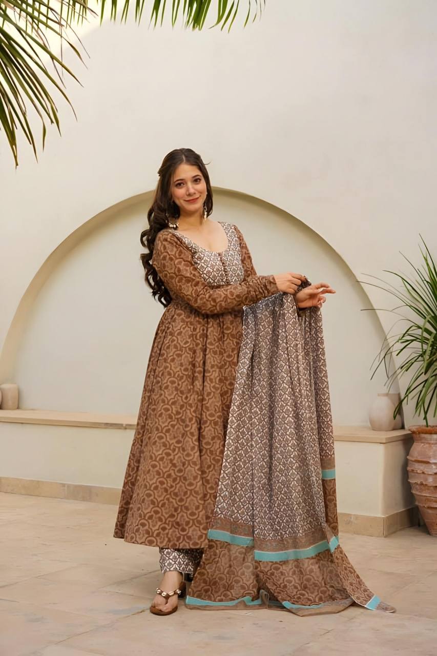 Premium Light Brown Designer Maslin Digital Print Anarkali Suit