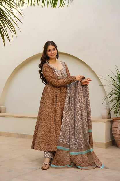 Premium Light Brown Designer Maslin Digital Print Anarkali Suit