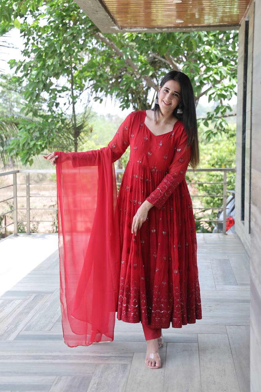 PREMIUM DESIGNER MAROON COLOURED ANARKALI SUIT SET