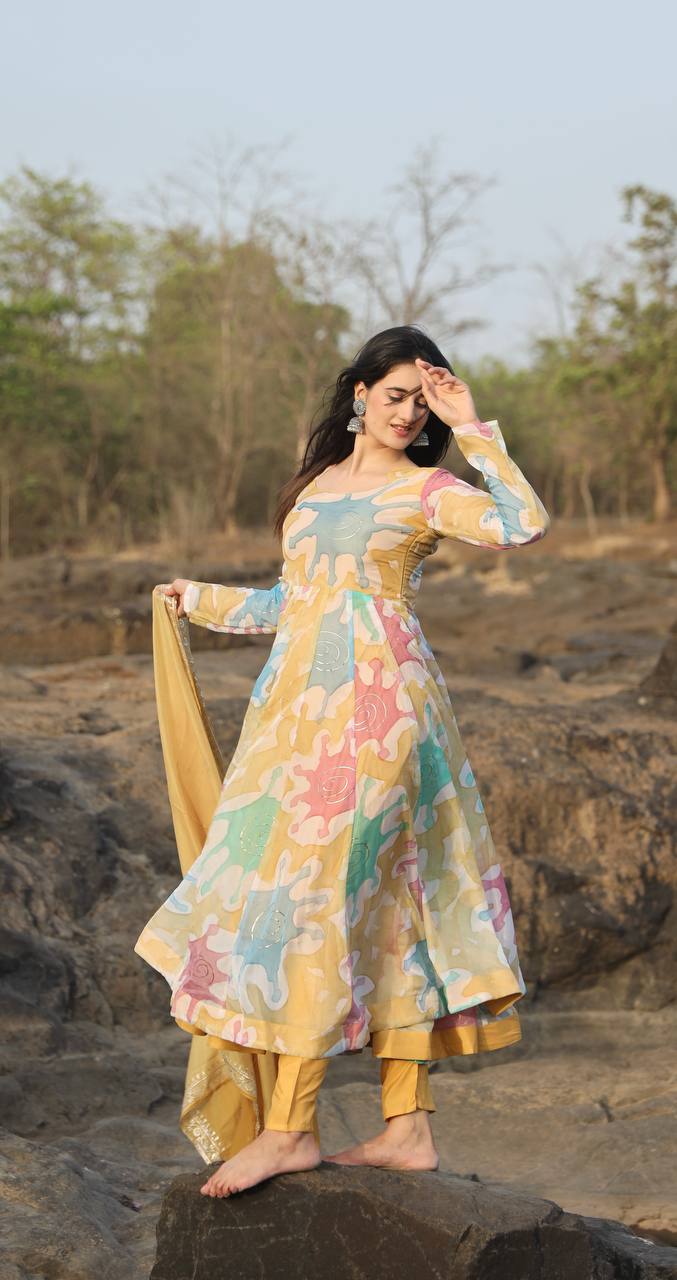 HANDPRINT PREMIUM READYMADE ANARKALI SUIT SET [3 PIS]