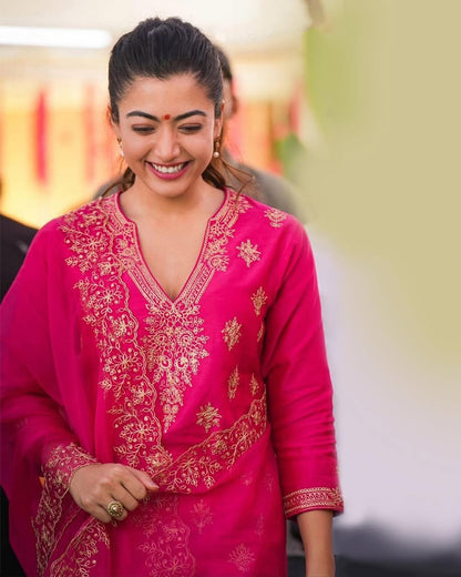 Pink Embroidered Berry Silk Suit Set for Women's