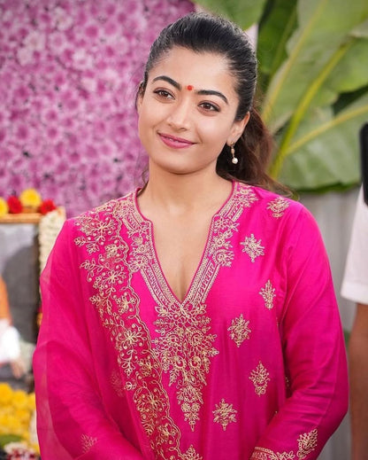 Pink Embroidered Berry Silk Suit Set for Women's