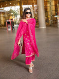 Pink Embroidered Berry Silk Suit Set for Women's