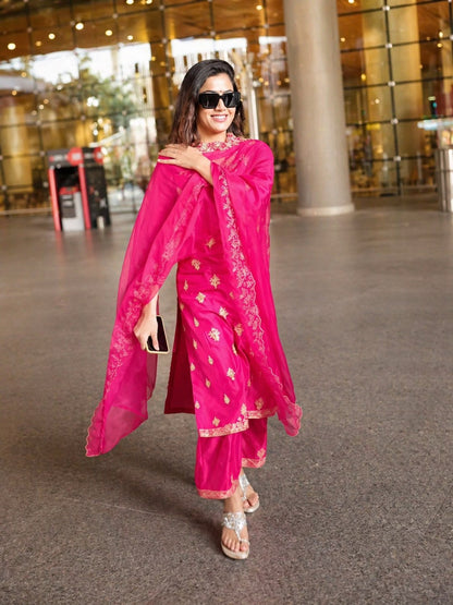 Pink Embroidered Berry Silk Suit Set for Women's