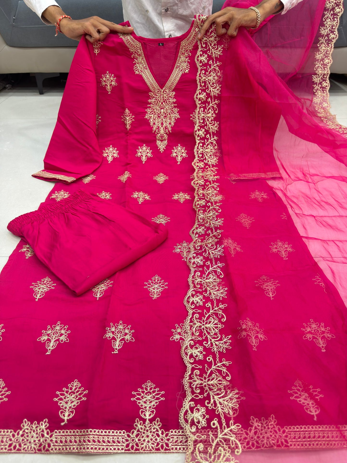 Pink Embroidered Berry Silk Suit Set for Women's