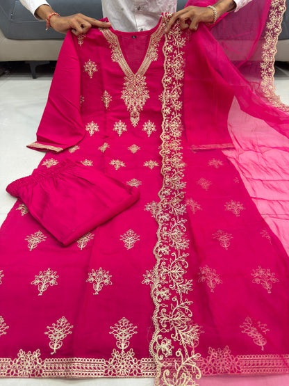 Pink Embroidered Berry Silk Suit Set for Women's