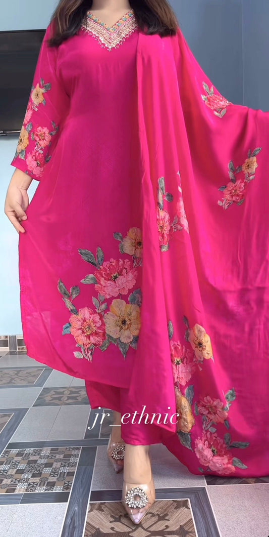 Premium Pink Floral Suit Set with Heavy Fancy Hand Work