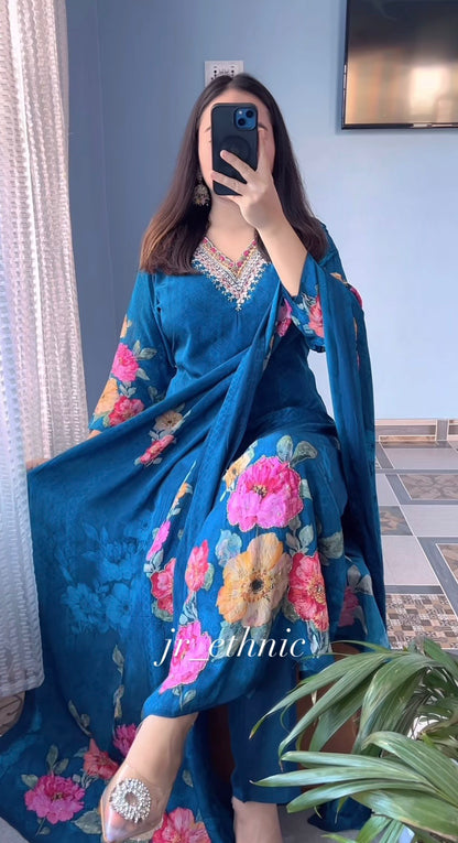 Premium Blue Floral Suit Set with Heavy Fancy Hand Work