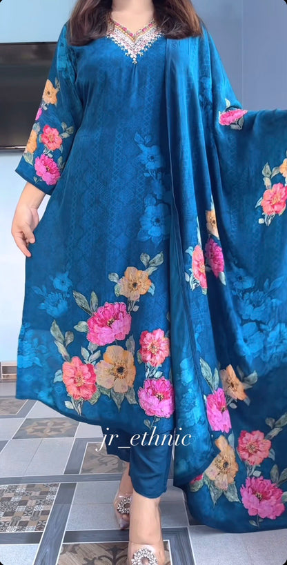 Premium Blue Floral Suit Set with Heavy Fancy Hand Work