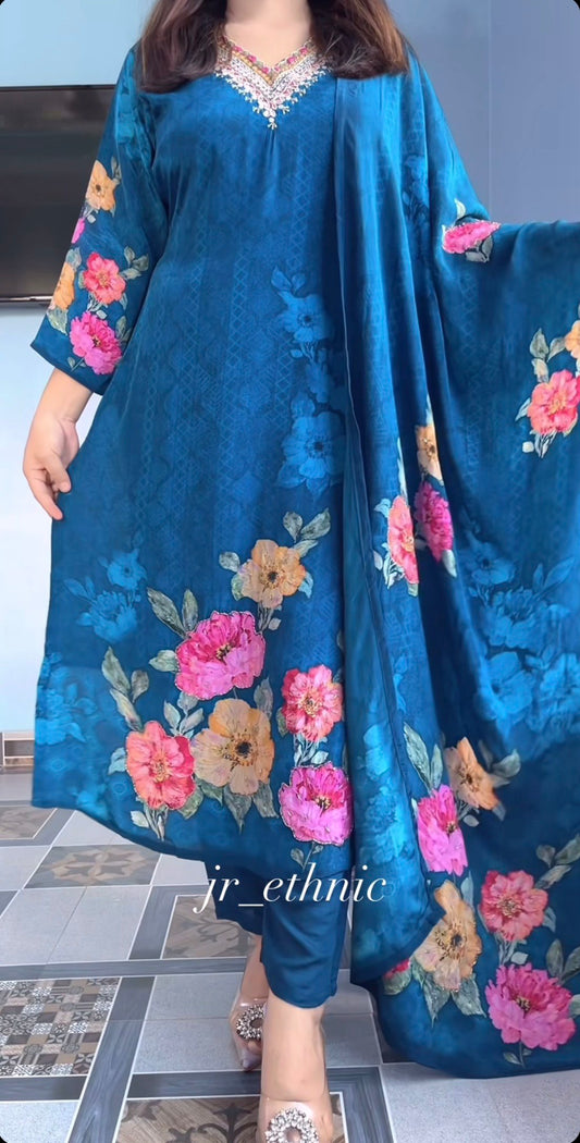 Premium Blue Floral Suit Set with Heavy Fancy Hand Work