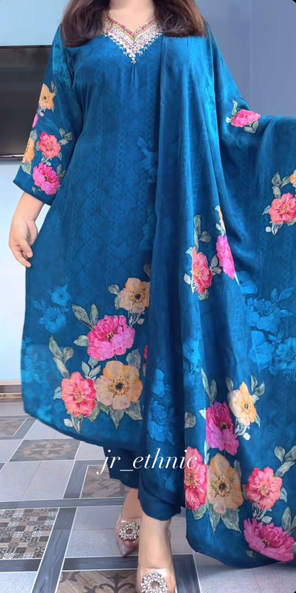Premium Blue Floral Suit Set with Heavy Fancy Hand Work