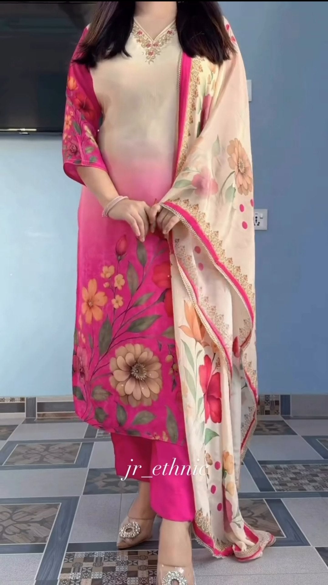 Elegant Floral Suit Set with Heavy Fancy Hand Work