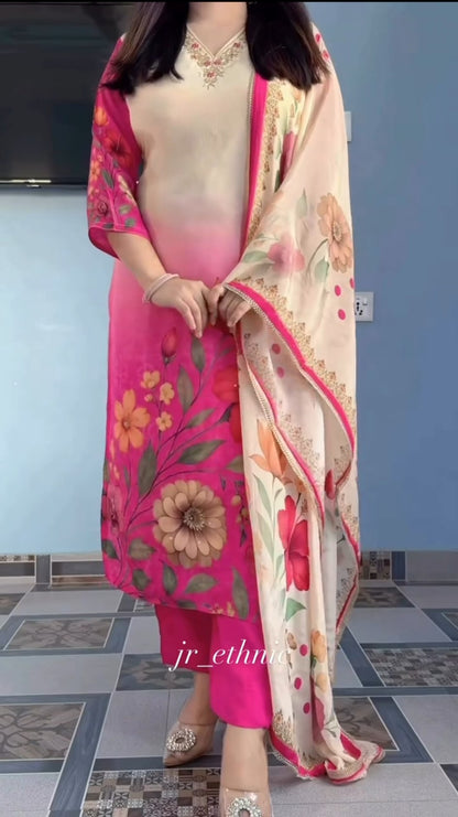Elegant Floral Suit Set with Heavy Fancy Hand Work