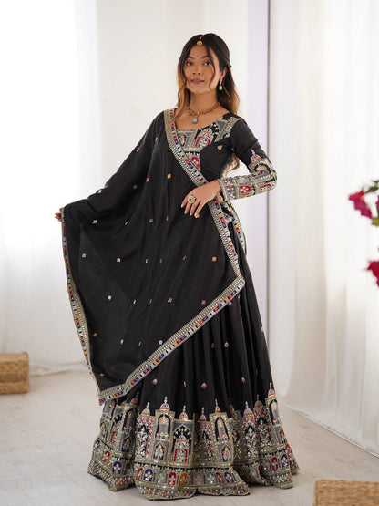 Designer Black Natural Crepe Silk Embroidered Lehenga Choli