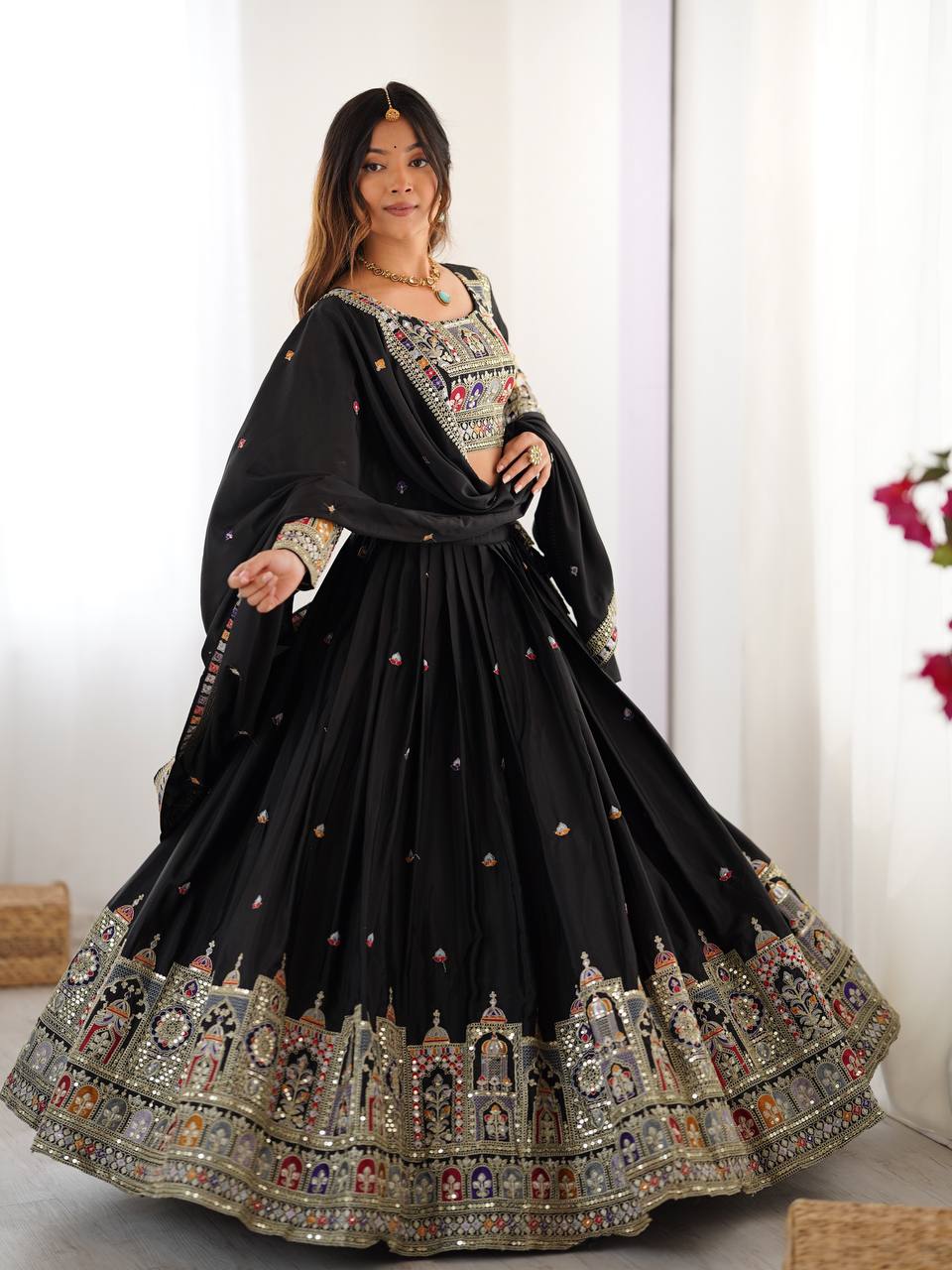 Designer Black Natural Crepe Silk Embroidered Lehenga Choli