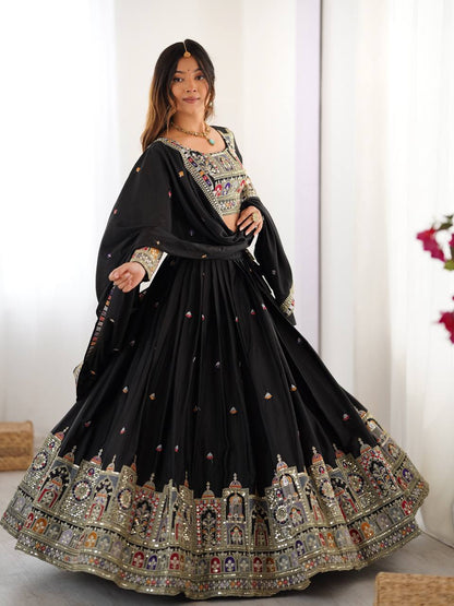 Designer Black Natural Crepe Silk Embroidered Lehenga Choli