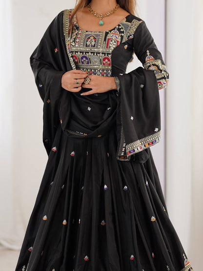 Designer Black Natural Crepe Silk Embroidered Lehenga Choli
