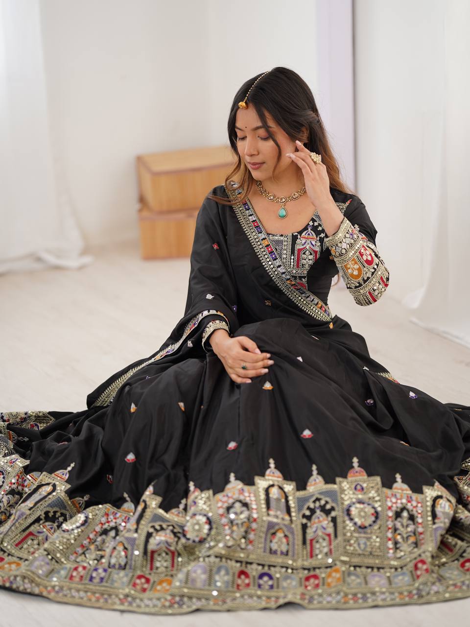 Designer Black Natural Crepe Silk Embroidered Lehenga Choli