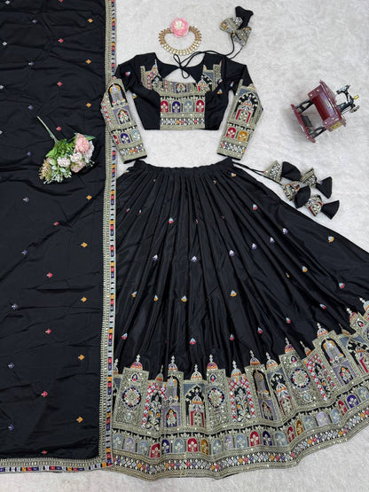 Designer Black Natural Crepe Silk Embroidered Lehenga Choli