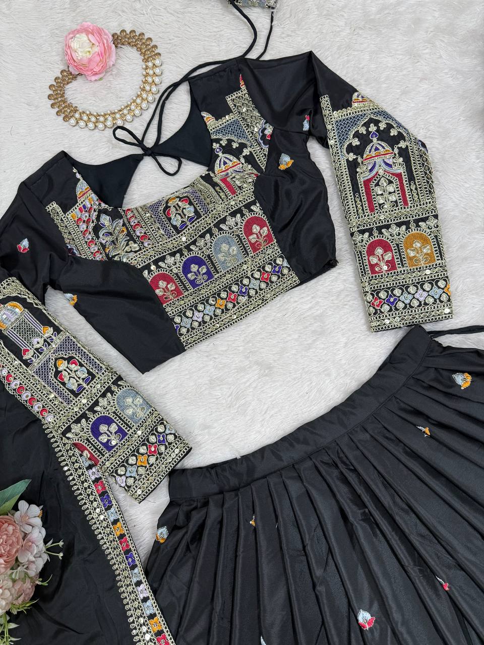 Designer Black Natural Crepe Silk Embroidered Lehenga Choli