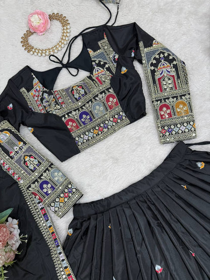 Designer Black Natural Crepe Silk Embroidered Lehenga Choli