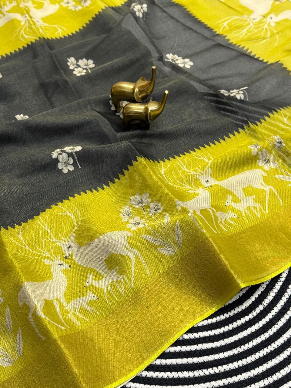 Royal Sunshine Yellow & Black Heritage Saree with Traditional Floral and Artistic Pallu