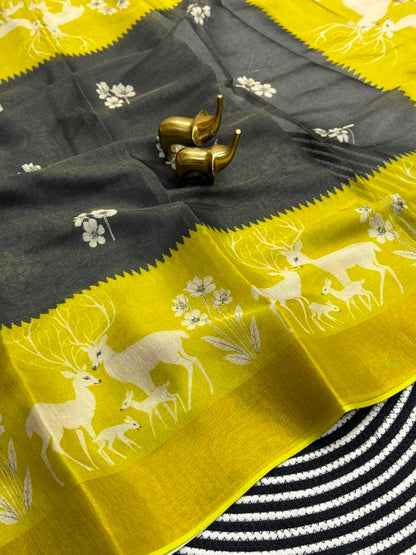 Royal Sunshine Yellow & Black Heritage Saree with Traditional Floral and Artistic Pallu