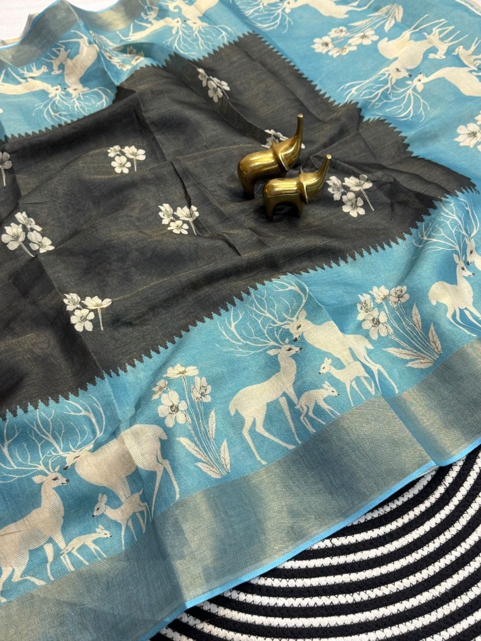 Modern Heritage Charcoal Saree with Sky Blue Deer and Floral Motif Pallu