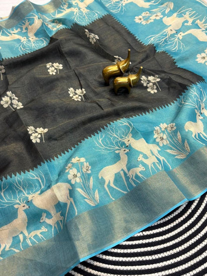 Modern Heritage Charcoal Saree with Sky Blue Deer and Floral Motif Pallu