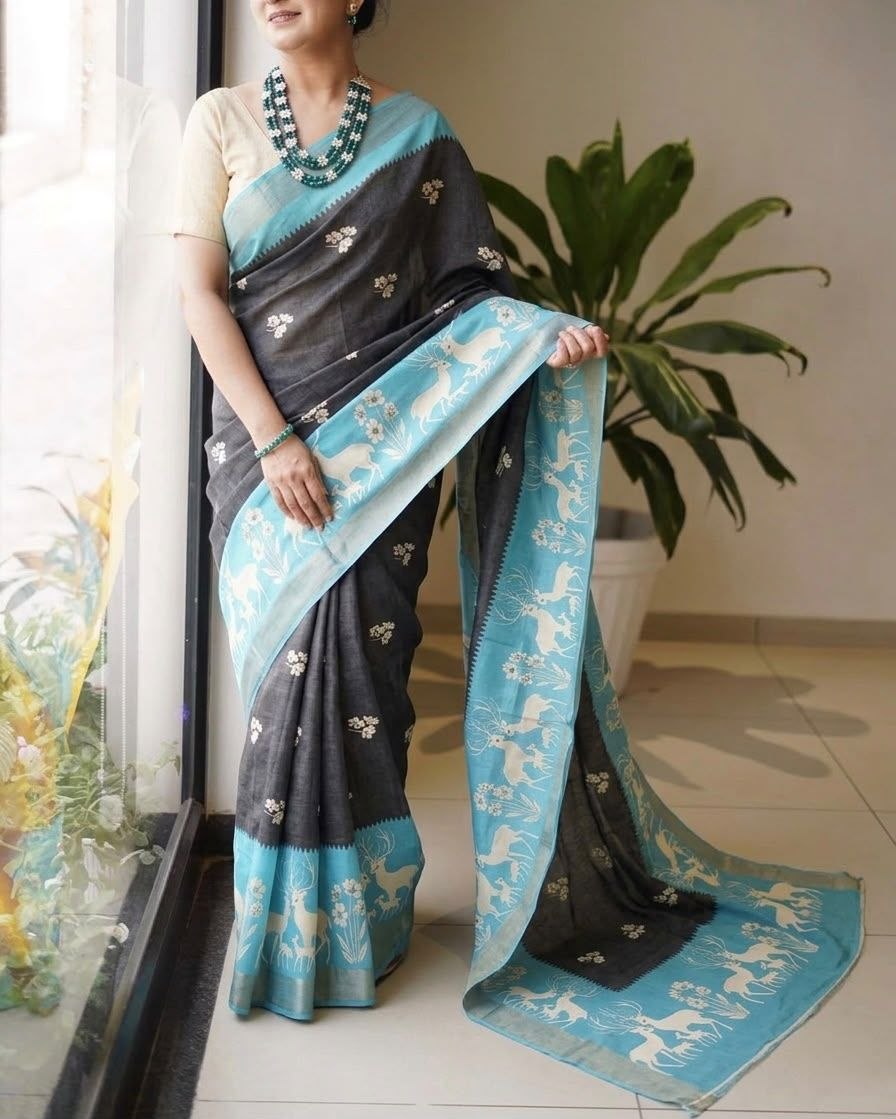 Modern Heritage Charcoal Saree with Sky Blue Deer and Floral Motif Pallu