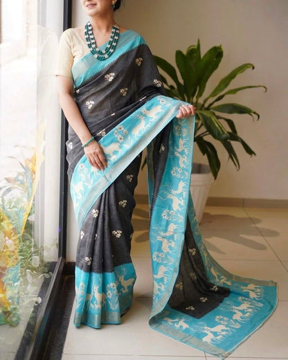 Modern Heritage Charcoal Saree with Sky Blue Deer and Floral Motif Pallu