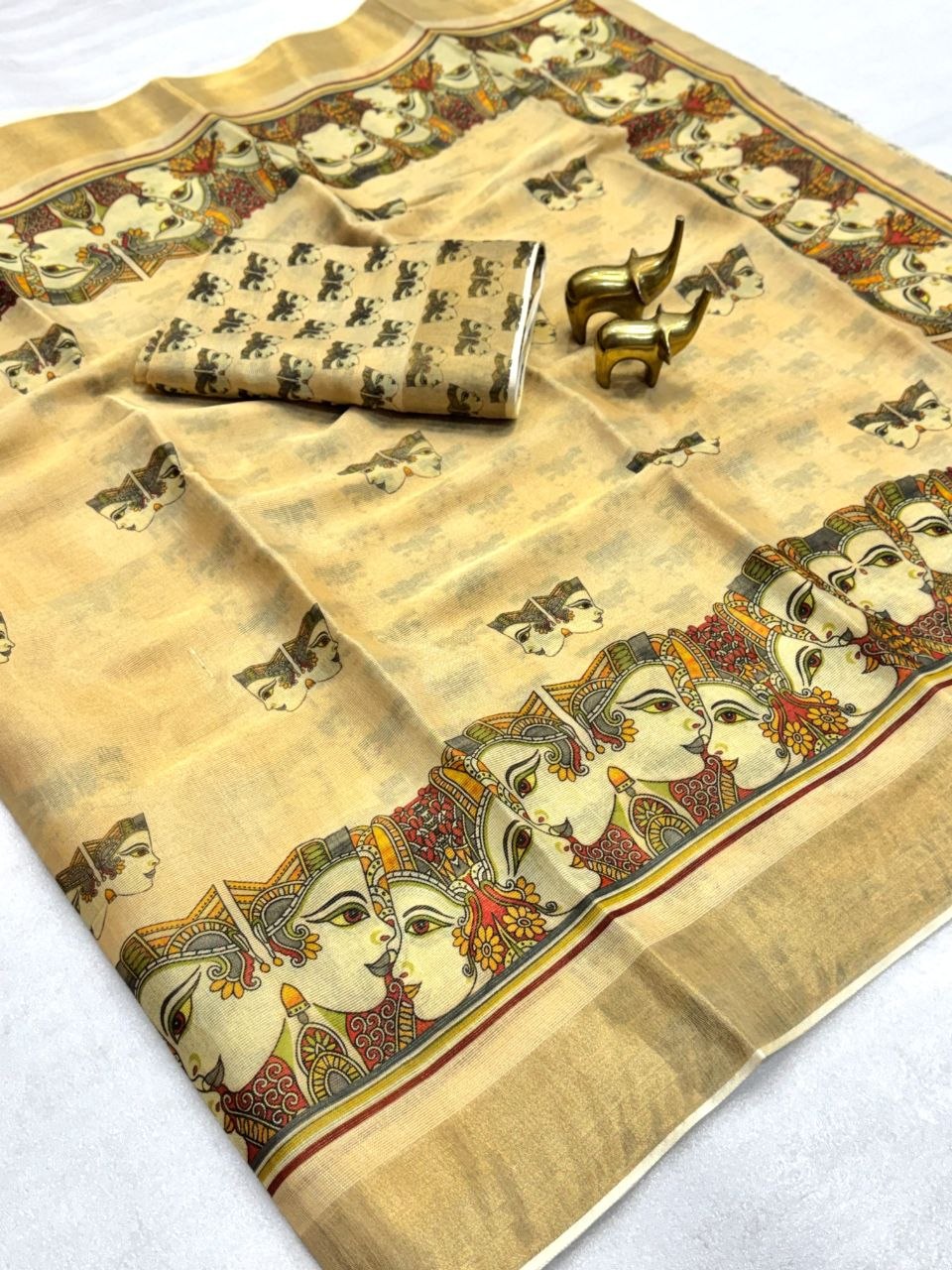 Royal Heritage Beige Radha Krishna Kalamkari Art Print Saree with Traditional Designer Border