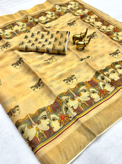 Royal Heritage Beige Radha Krishna Kalamkari Art Print Saree with Traditional Designer Border