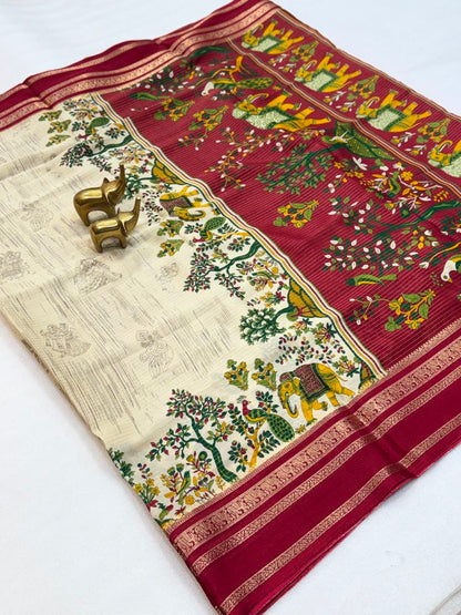 Aarohi Cream & Maroon Saree with Artistic Peacock and Elephant Motifs, Floral Detailing and Gold-Toned Border