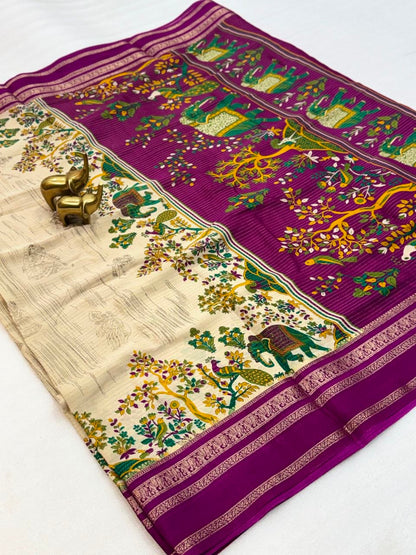 Vrinda Cream and Purple Saree with Floral Trees and Elephant Prints