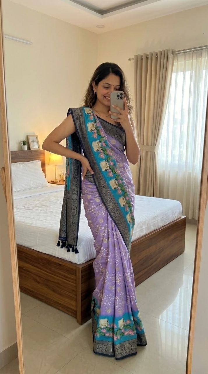 Lavender Bandhani Saree with Kanchi Pattu Zari Border & Fusion Pallu