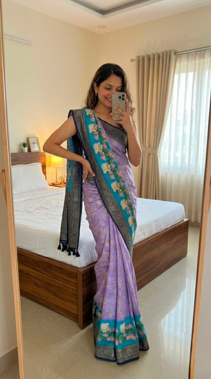 Lavender Bandhani Saree with Kanchi Pattu Zari Border & Fusion Pallu
