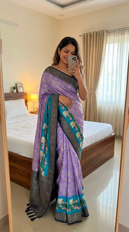 Lavender Bandhani Saree with Kanchi Pattu Zari Border & Fusion Pallu