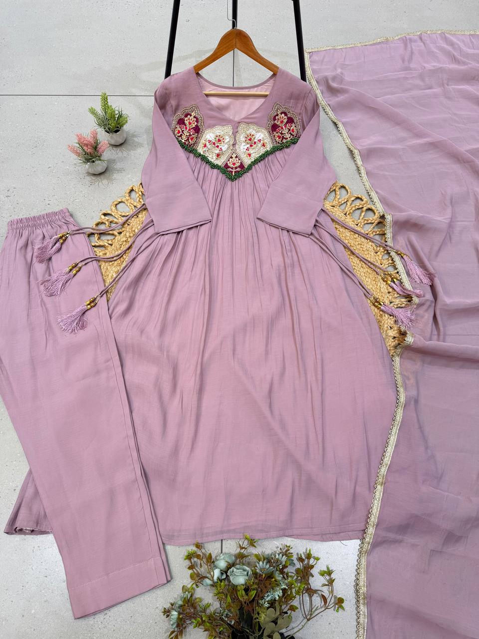 Mauve Mehr Embroidered Flared Suit Set