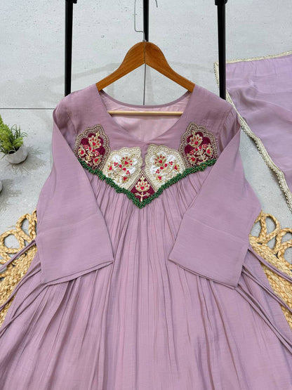 Mauve Mehr Embroidered Flared Suit Set