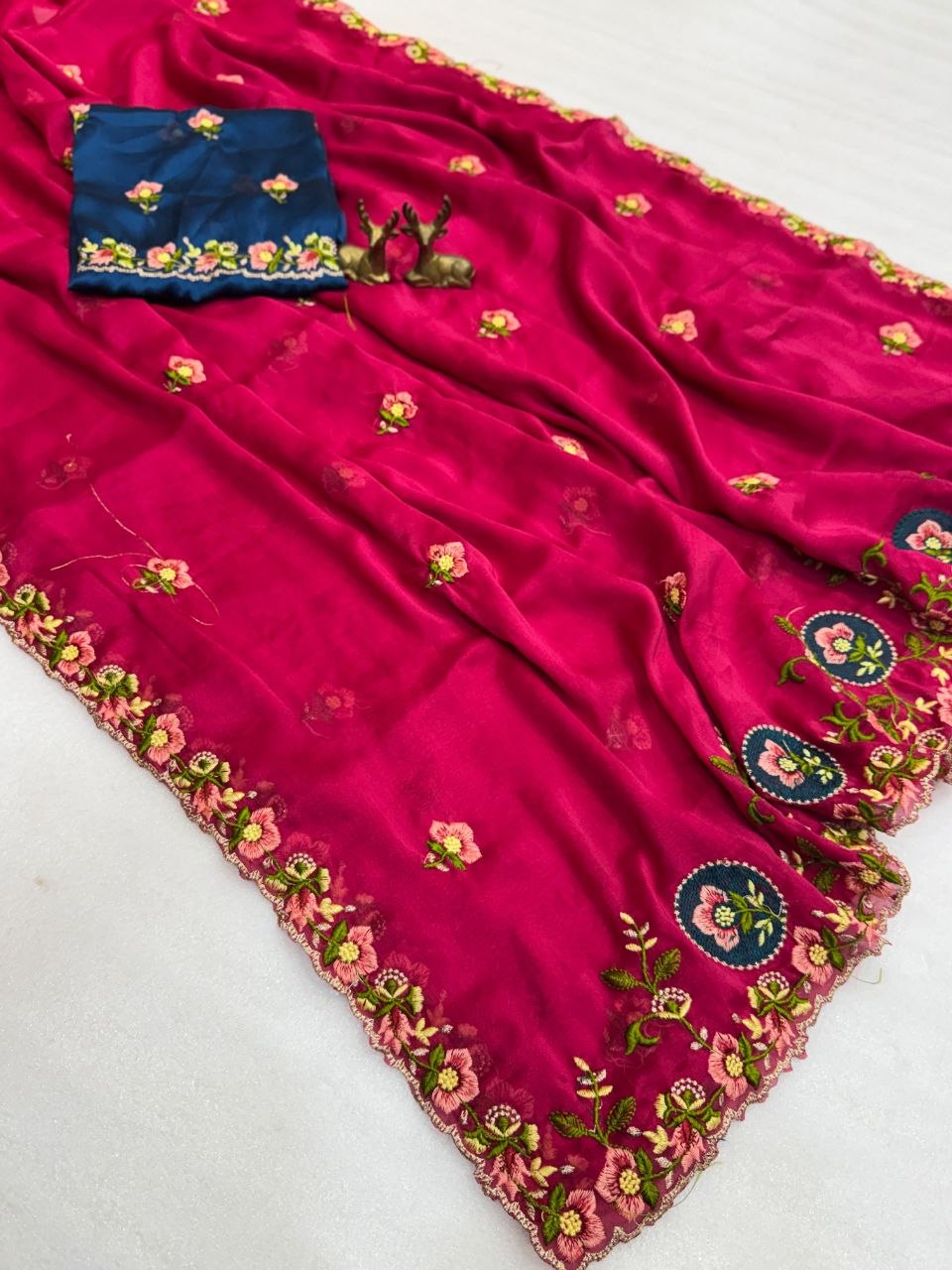 Royal Rani Pink Floral Embroidered Luxury Saree with Contrast Navy Blouse