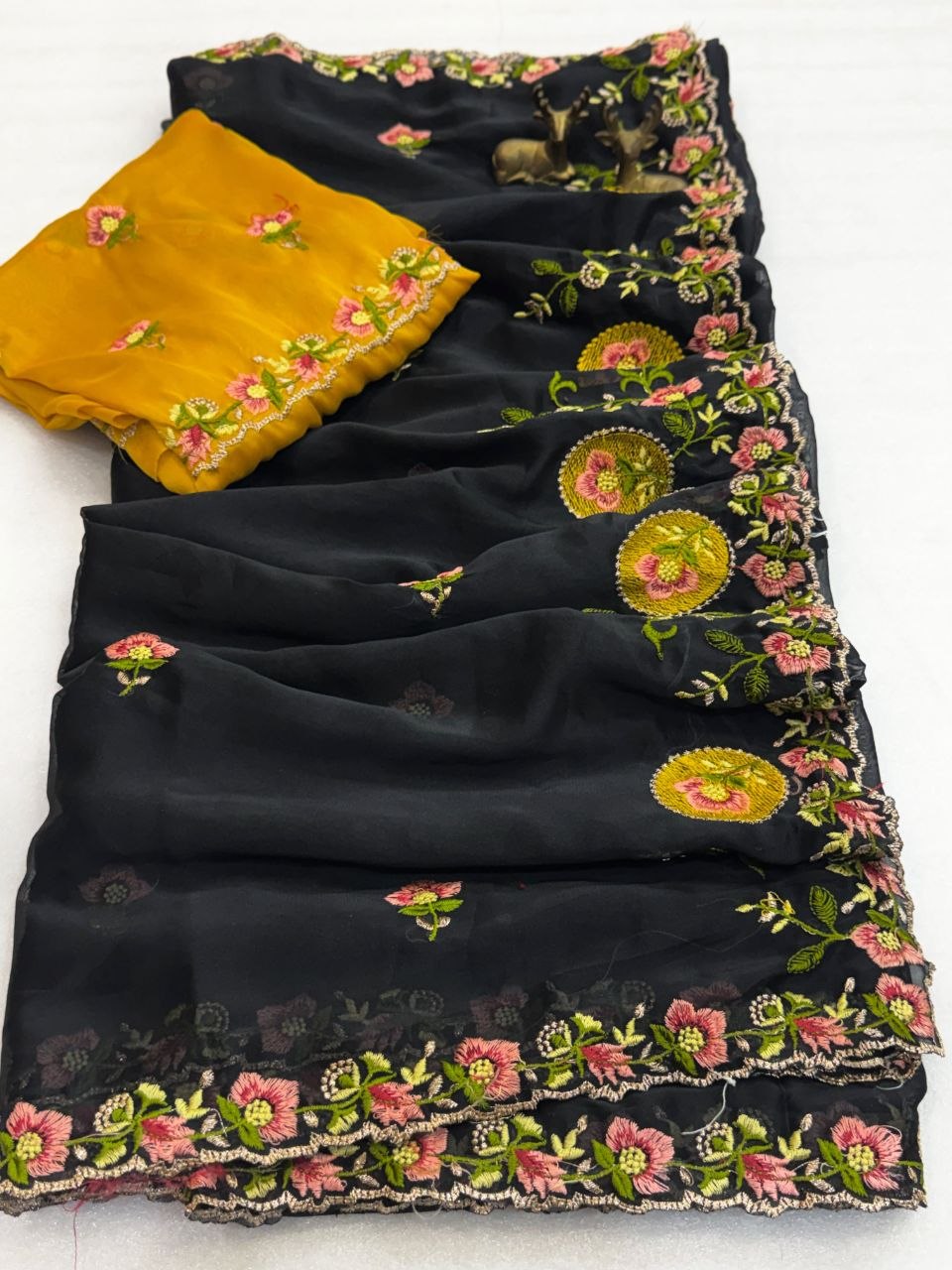 Elegant Midnight Black Floral Embroidered Designer Saree with Premium Festive Border