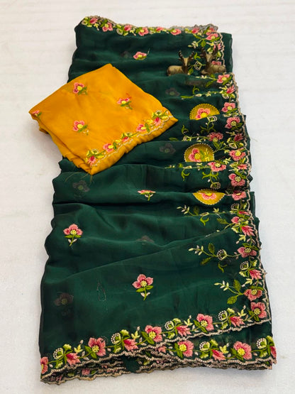 Regal Emerald Green Floral Embroidered Saree with Elegant Designer Border & Luxury Festive Finish