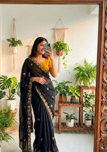 Elegant Midnight Black Floral Embroidered Designer Saree with Premium Festive Border