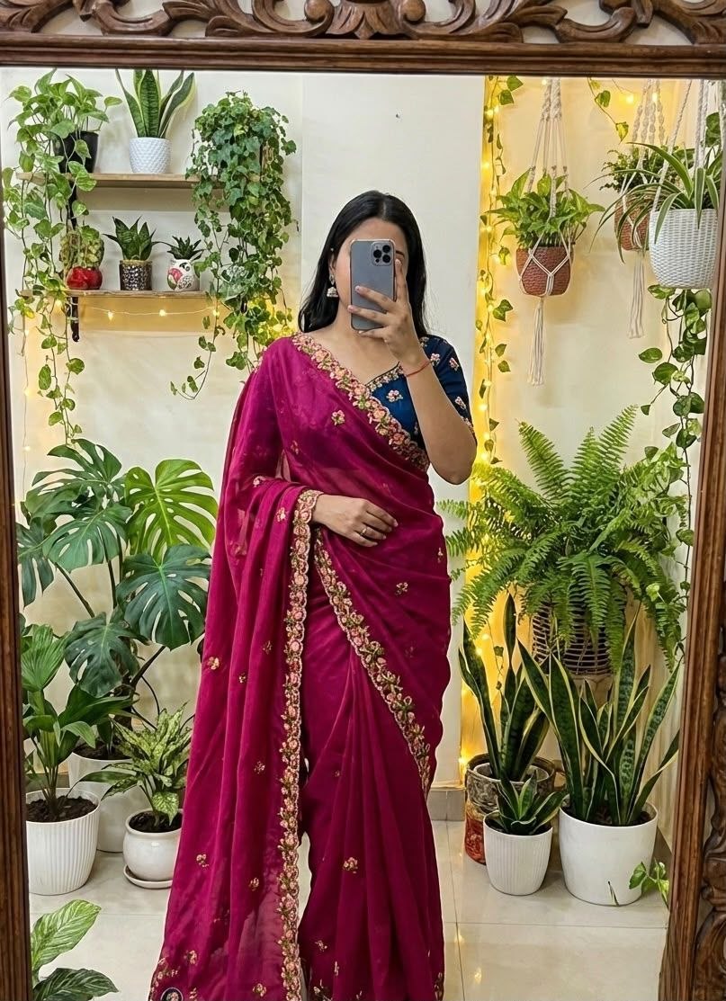Royal Rani Pink Floral Embroidered Luxury Saree with Contrast Navy Blouse