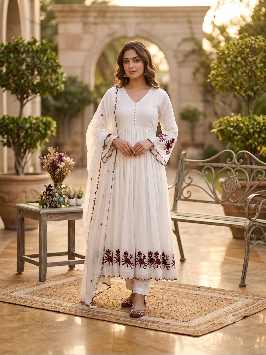 Crimson Petal Charm Flared Anarkali Three Piece Suit Set